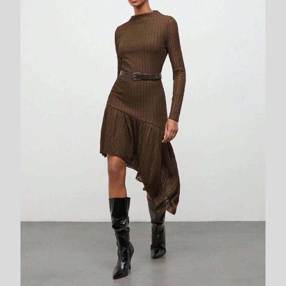 Brown Textured Knit Asymmetrical Hem Long Sleeve Midi Dress